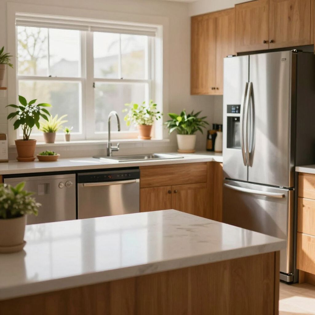Kitchen with wooden cabinets, stainless steel appliances, and plants near a window.