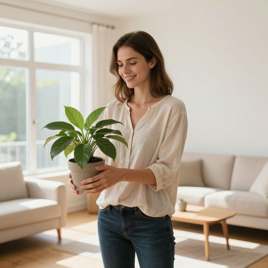 Woman holding a potted plant, smiling in a well-lit living room.