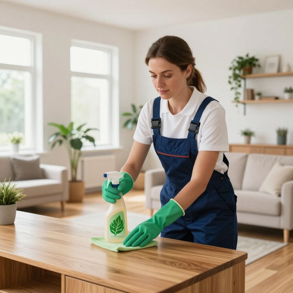 Woman cleaning a wooden table in a living room, wearing gloves and overalls.