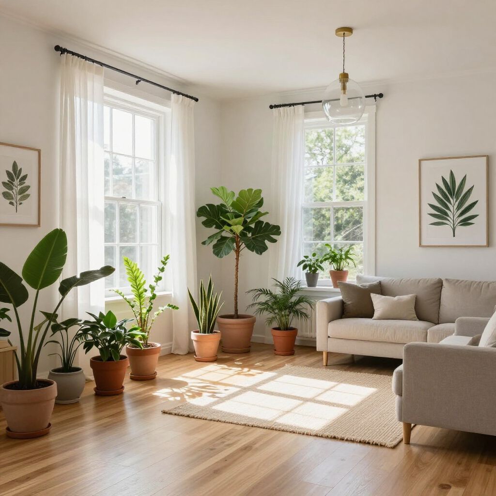 A bright living room with multiple potted plants, sunlight, a sofa, and two framed botanical prints.