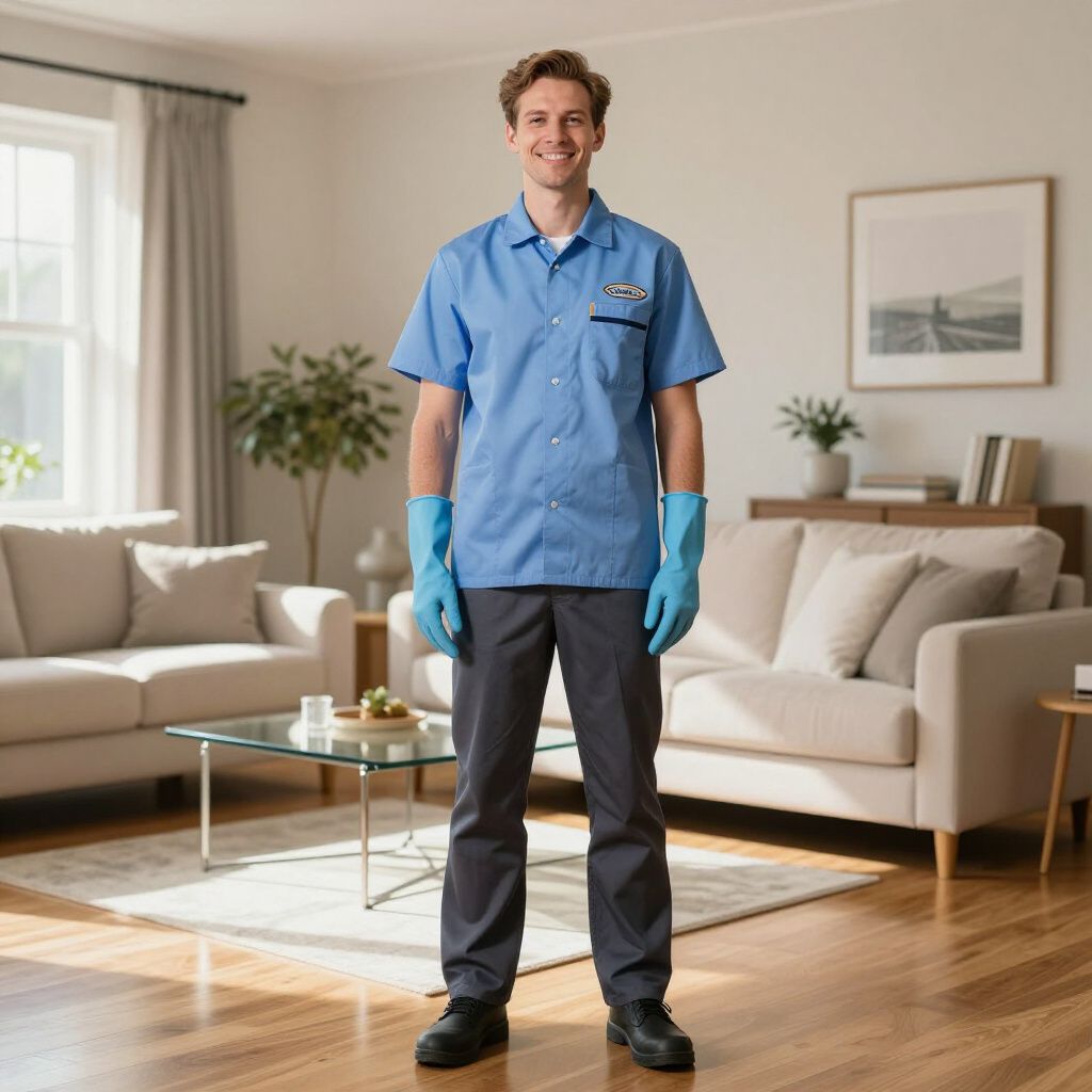 Man in blue uniform and gloves standing in a living room, smiling.