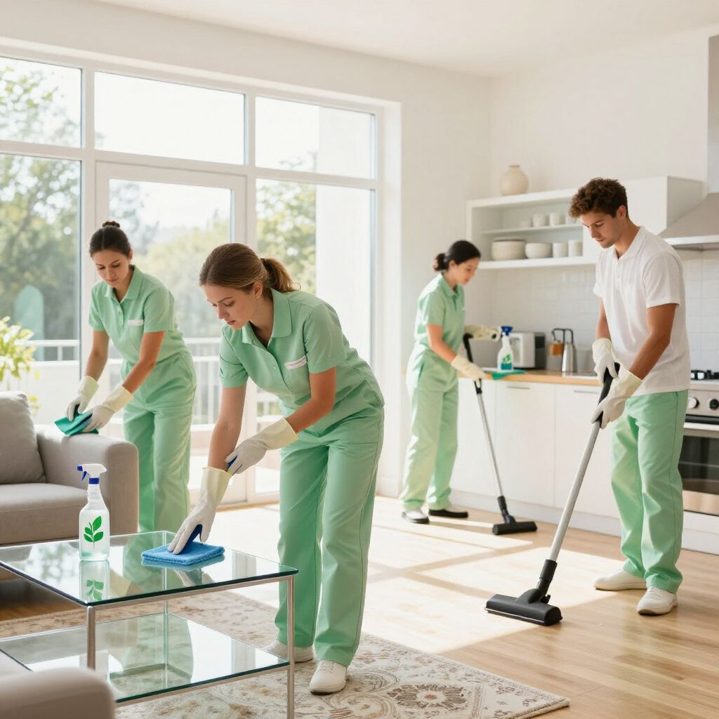 Four people in green cleaning uniforms cleaning a bright room with a vacuum, spray bottles and cleaning supplies.
