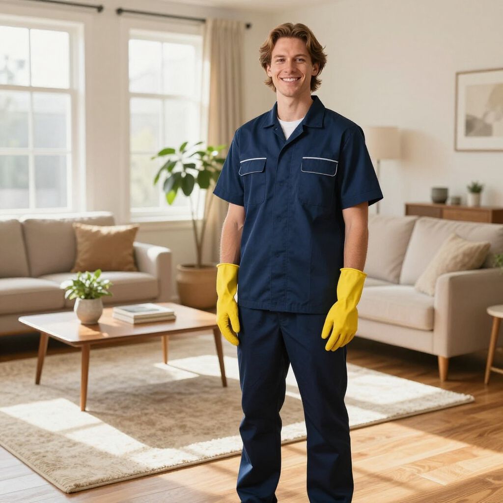 Man in blue uniform and yellow gloves smiles in a living room, ready to clean.