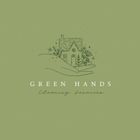 Logo: A house in open hands, surrounded by plants, olive green background, 