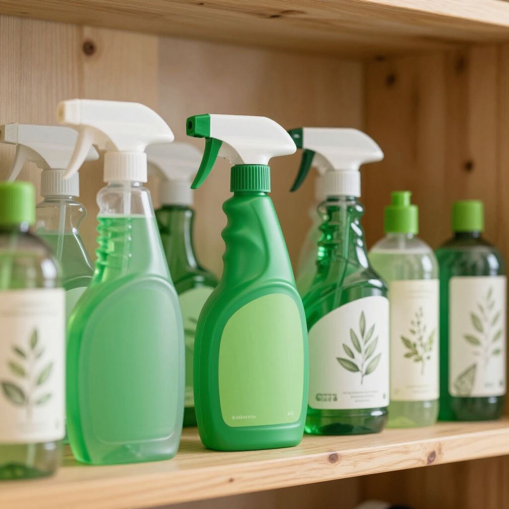 Green cleaning bottles on a wooden shelf, some with labels featuring a leaf design.