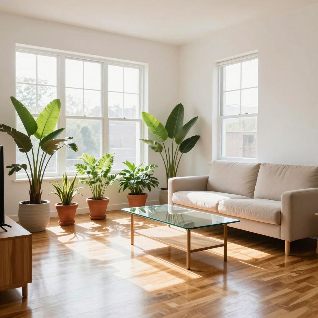 Bright living room with plants, wooden floor, windows, beige sofa, and glass coffee table.