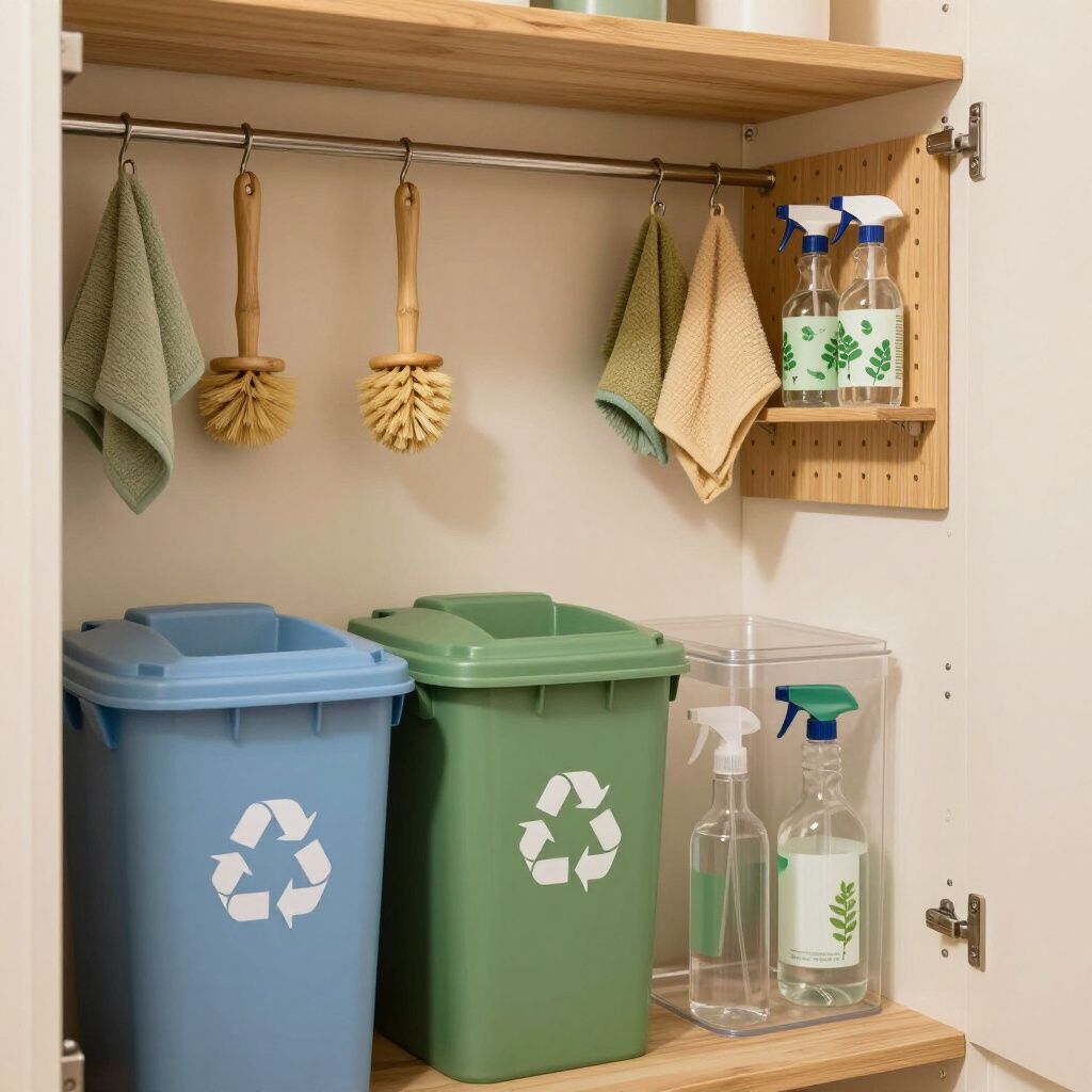 A cleaning supply cabinet with two trash cans, spray bottles, scrub brushes, and towels.