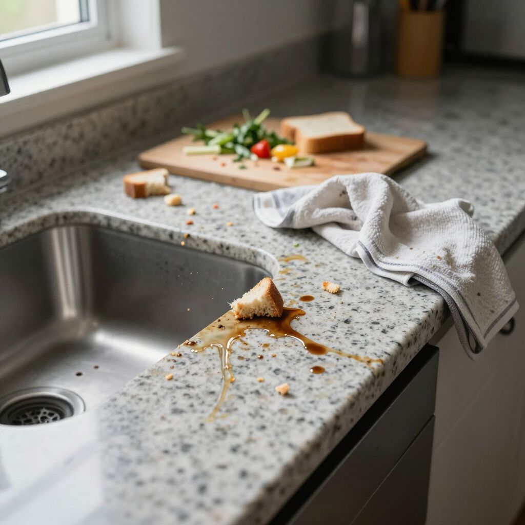 Kitchen countertop with crumbs, spilled liquid, a towel, cutting board with food near the sink.