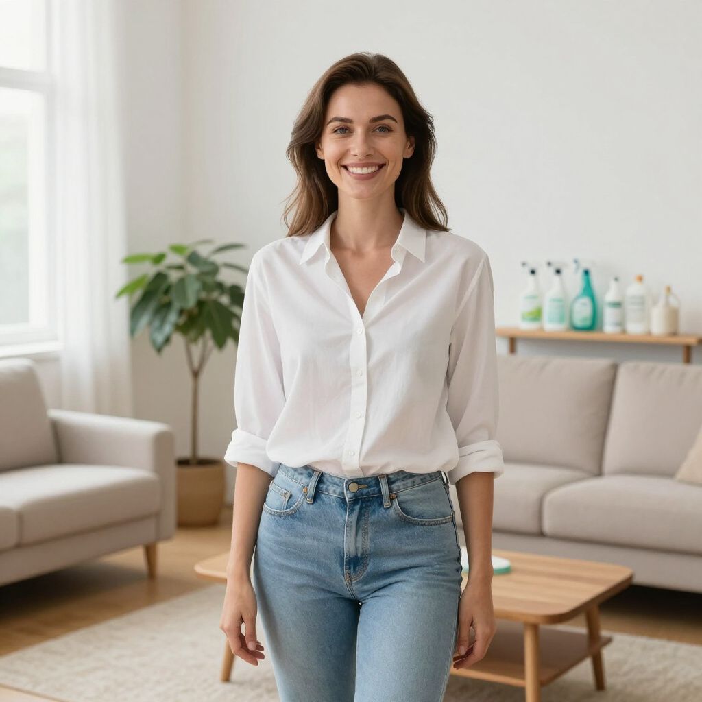 Woman smiling in a living room, wearing a white shirt and jeans.