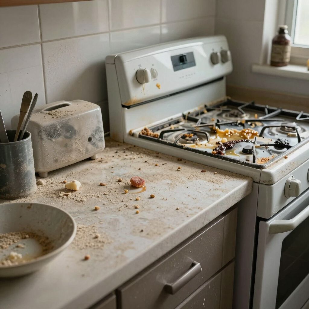 Messy kitchen counter and stove covered in food debris and crumbs. Dirty toaster and utensils are nearby.