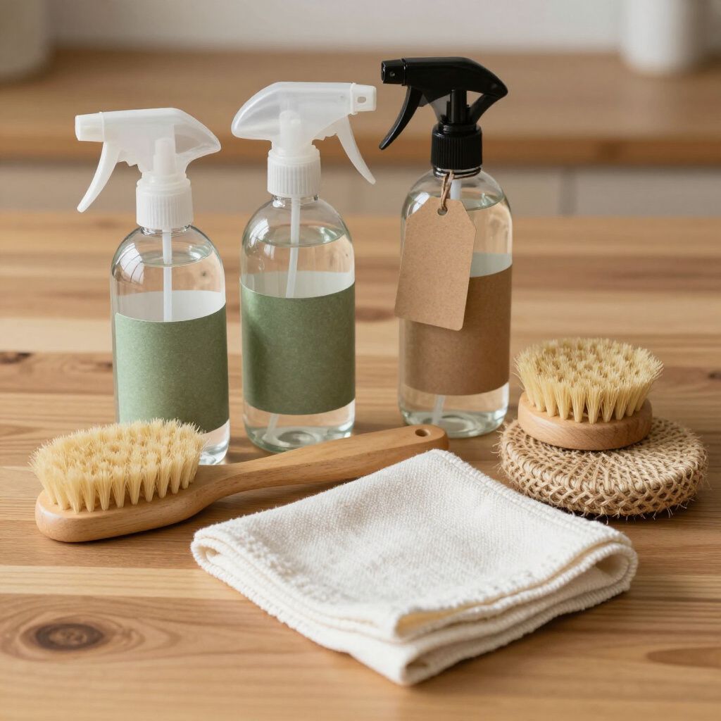 Cleaning supplies on a wooden table: spray bottles, brushes, and a cloth.