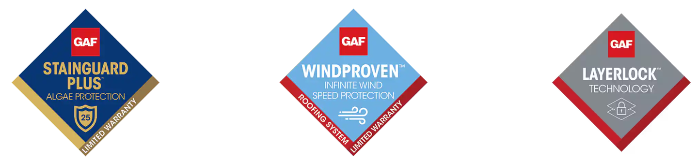 GAF, Stainguard plus,  Windproven,  layer lock technology asphalt shingles