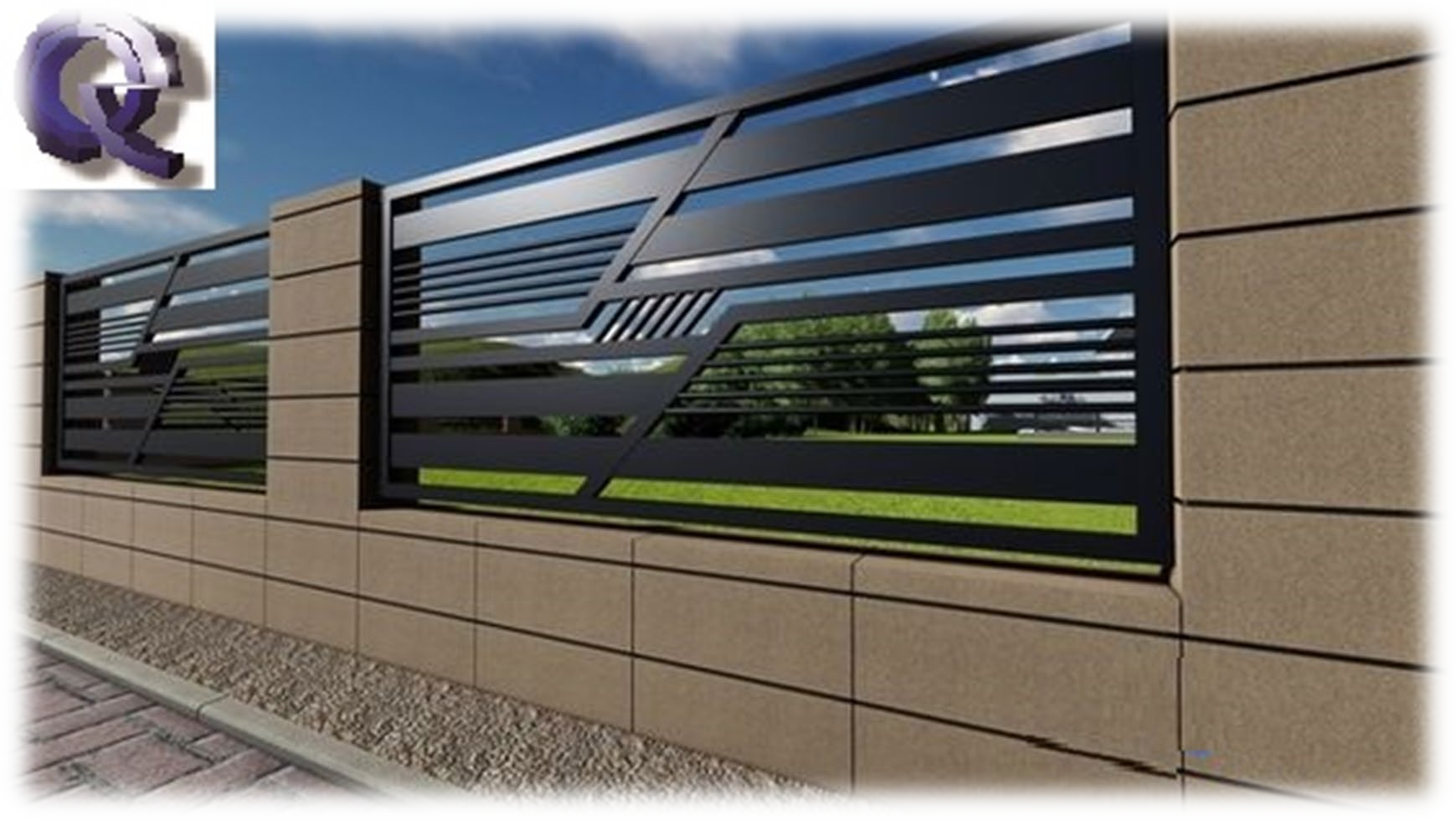 Una recinzione con un logo viola sullo sfondo