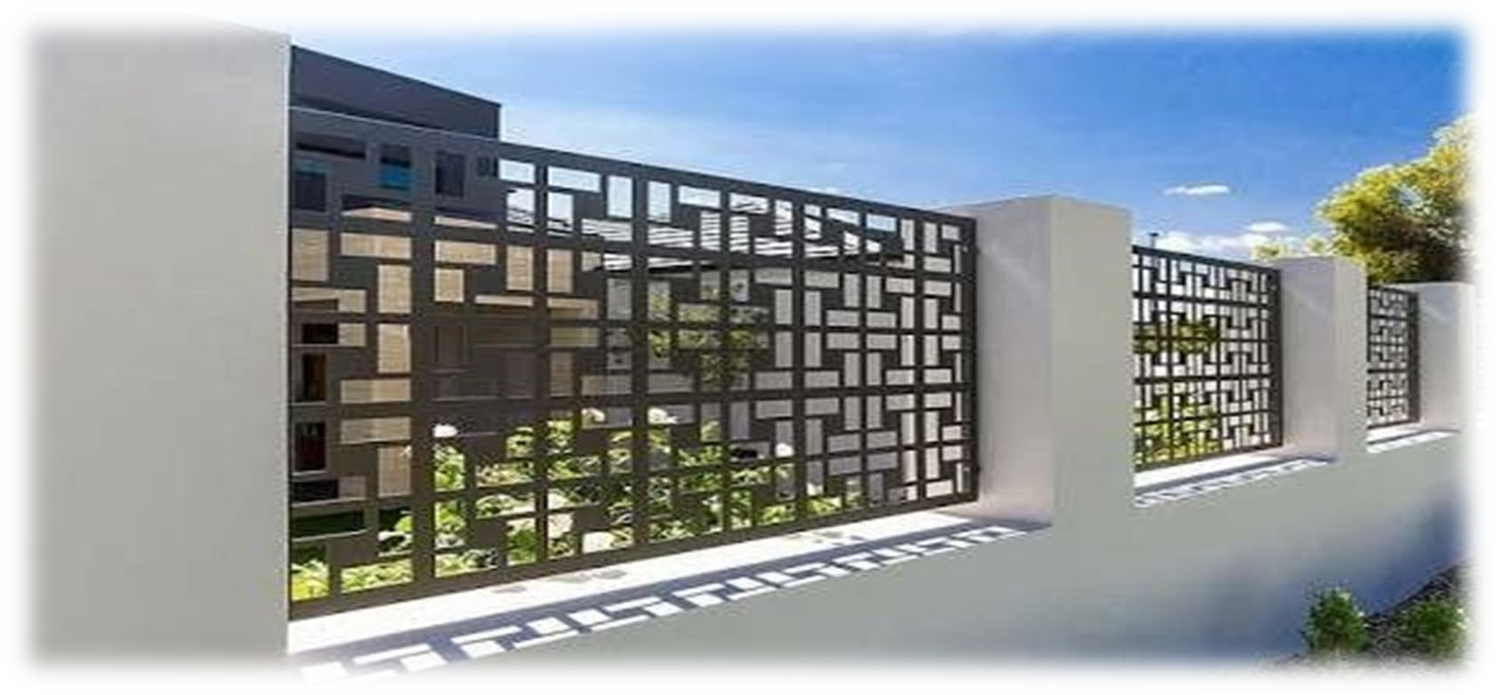 Una recinzione con un motivo geometrico è circondata da un edificio.