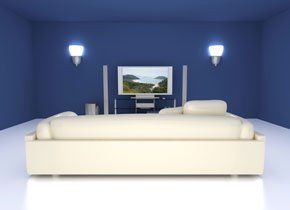 A white sofa in a very modern, blue room