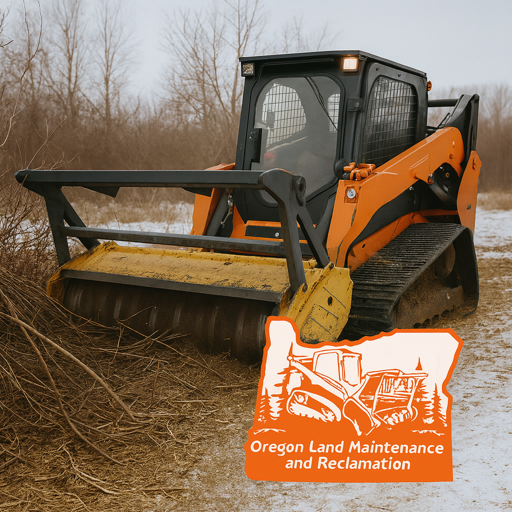 Professional forestry mulcher clearing brush in a winter field, showcasing Oregon Land Maintenance &
