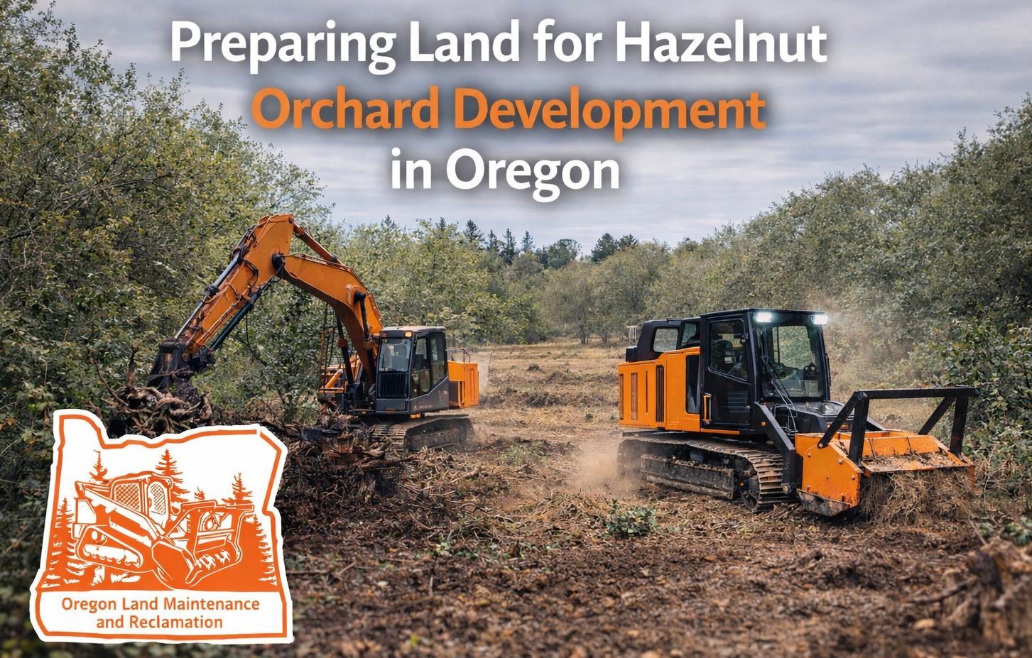 Hazelnut orchard land clearing in Oregon using forestry mulching and excavation equipment to prepare