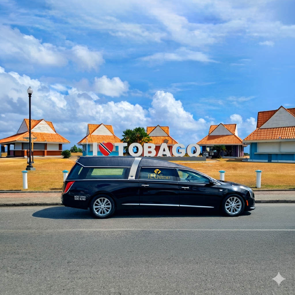 Black SUV parked in front of a TOBAGO sign and orange-roofed huts under a blue sky.