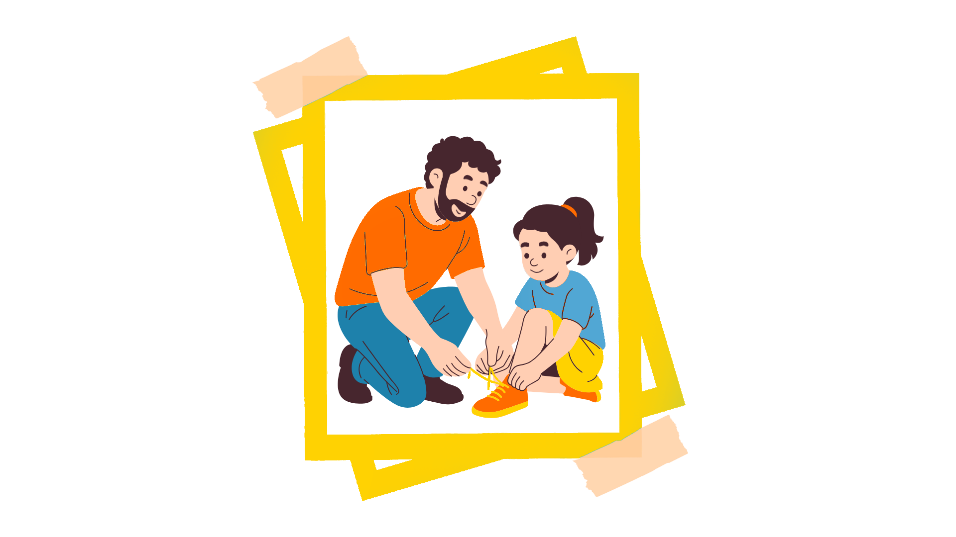 一個穿著橘色襯衫、留著鬍子的人跪下來幫一個孩子繫亮黃色鞋子的鞋帶。