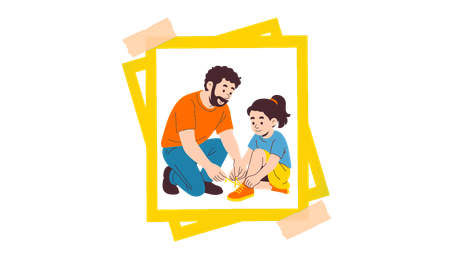 一個穿著橘色襯衫、留著鬍子的人跪下來幫一個孩子繫亮黃色鞋子的鞋帶。