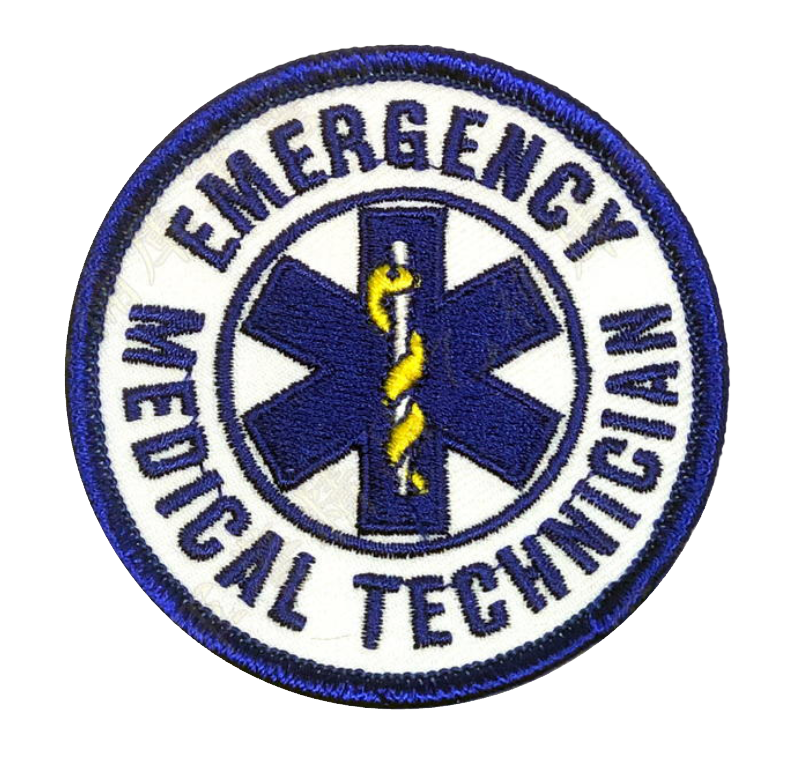 圓形布貼，上面印有「緊急醫療技術員」字樣，周圍環繞著藍色生命之星，星上還有金色的蛇和權杖。