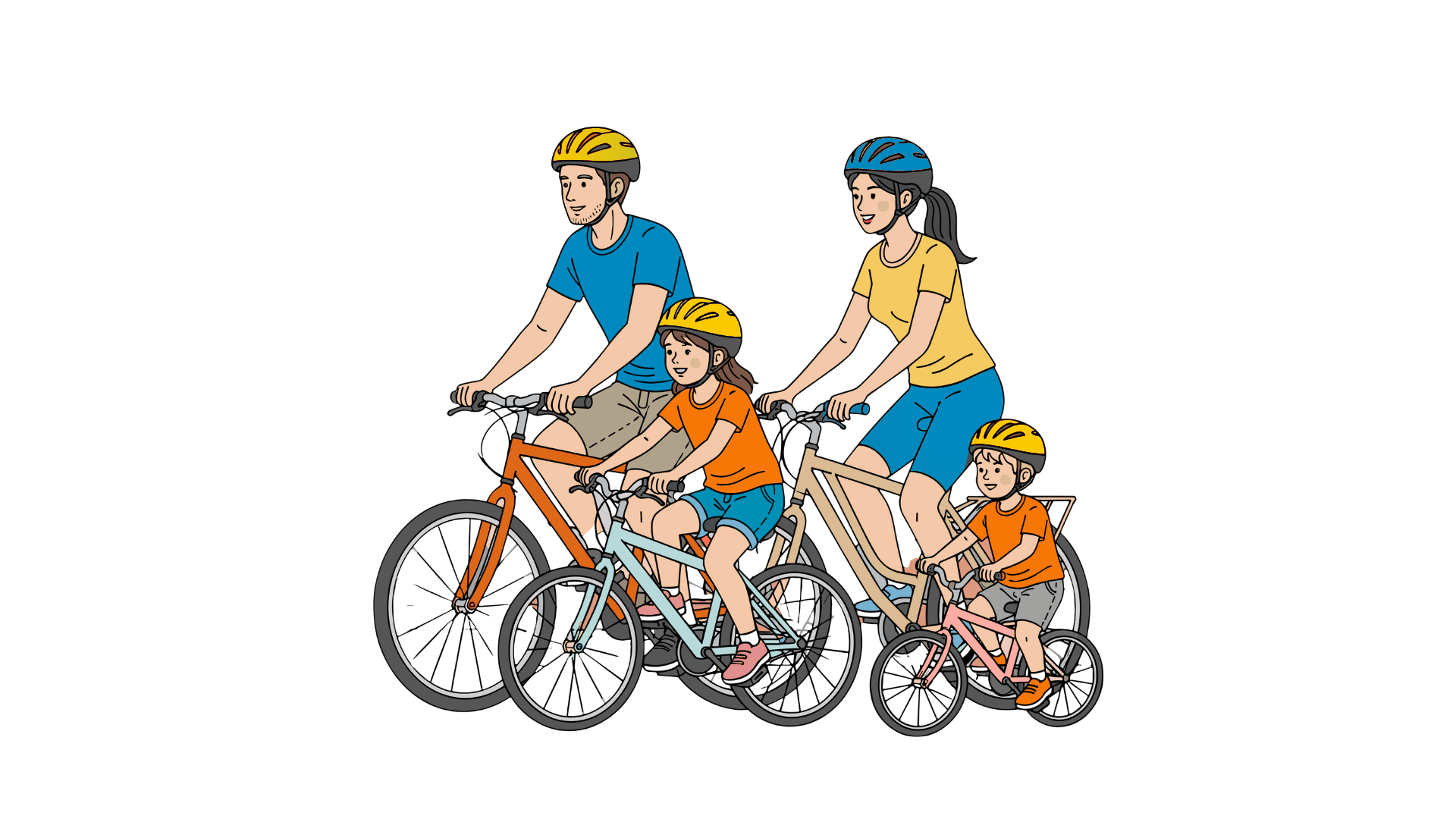 四個戴著頭盔的人在白色背景前一起騎自行車。