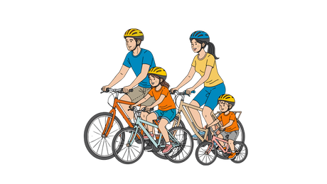 四個戴著頭盔的人在白色背景前一起騎自行車。