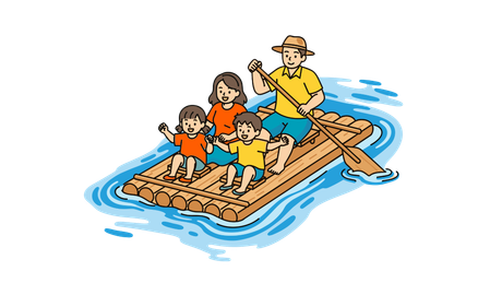 一家人坐在水上的木筏上，一名成年人用長桿掌舵，兩人坐在前面。