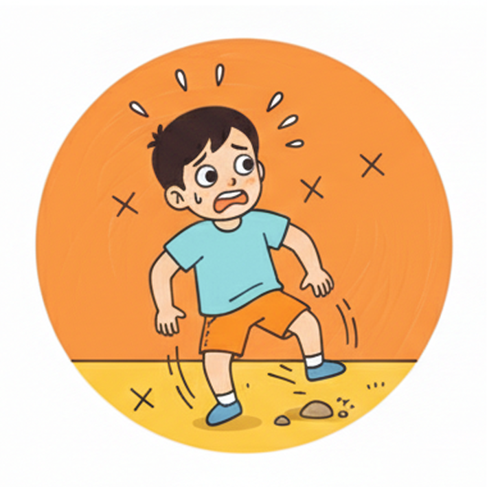 一個驚慌失措的人，額頭上冒著冷汗，正小心翼翼地跨過黃色地板上的一塊小石頭，背景是橙色。