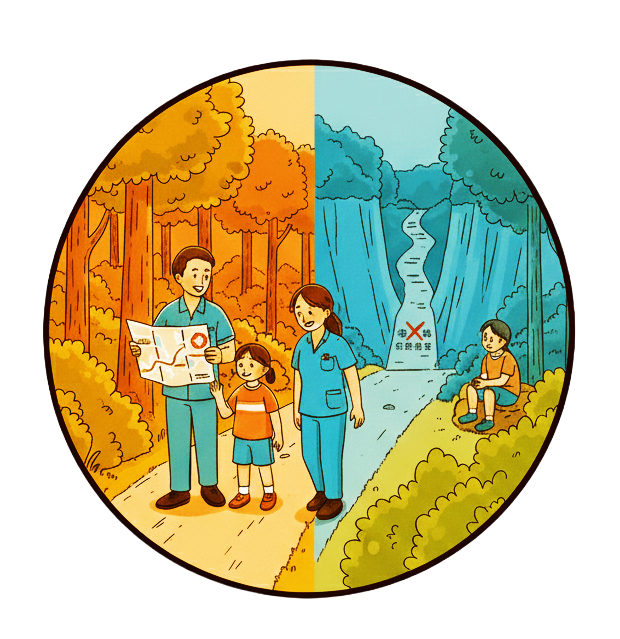 親子戶外探索安全教育，學習辨識危險環境與建立判斷能力｜一群人沿著小徑穿過一片色調交錯的森林；其中一條小徑上立著一個帶有 X 的標誌，表示該路段已封閉。