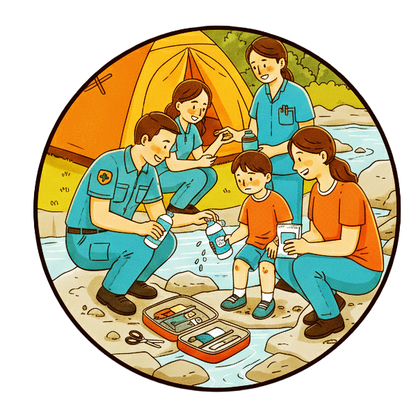 專業醫護支援的親子戶外教育活動，提供安心安全的學習體驗｜穿著制服和便服的人們在帳篷和小溪旁為一名兒童提供急救，附近還有一個打開的醫療箱。