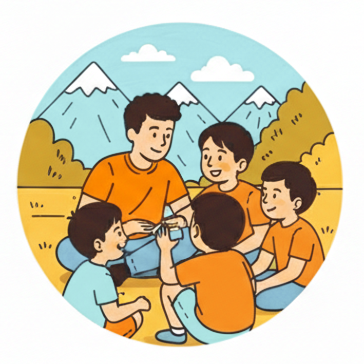 一個人坐在山間戶外，與圍成一圈的四個孩子互動。