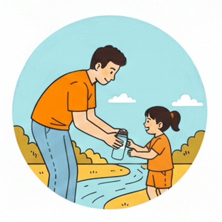 藍天下，一名穿著橘色襯衫的人將一瓶水遞給溪邊的孩子｜戶外活動安全教育，學習補水與身體照顧的重要觀念
