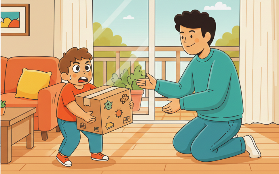 親子居家挑戰活動，透過搬運任務培養孩子自信與行動力｜一個人跪在地上，向一個在客廳裡費力地搬運沉重紙箱的孩子伸出雙手。