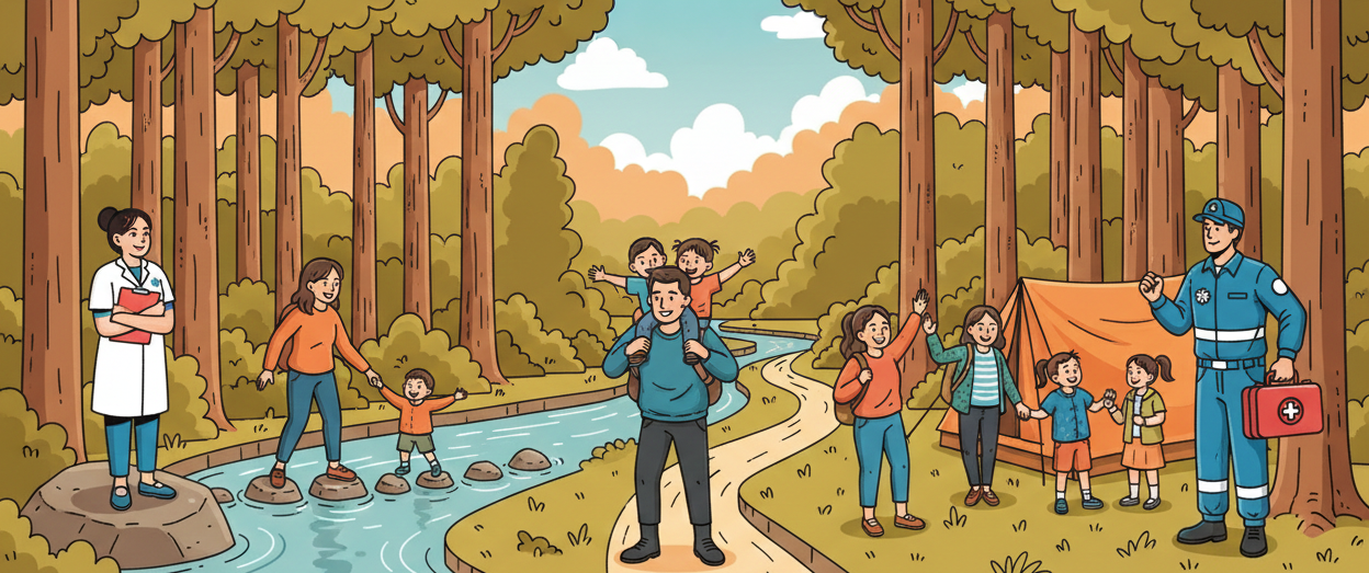 一名專業人員和一名救援人員站在林間空地上，人們正穿過溪流，聚集在露營帳篷附近。