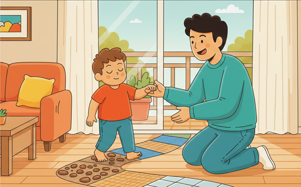 親子居家平衡訓練活動，幫助孩子建立身體協調與勇氣｜一位家長跪在客廳裡，幫助一名幼兒在鋪有紋理感官墊的小徑上行走。