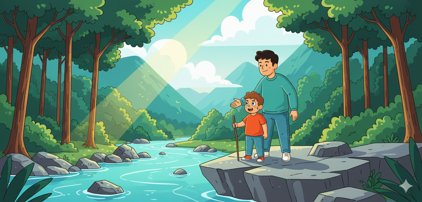 一個人和一個孩子站在陽光照耀下的山澗旁的一塊岩石上，周圍環繞著茂密的森林。