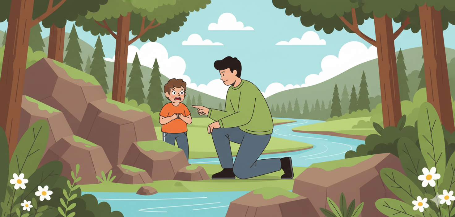 一名成年人跪在森林中的一條小溪旁，向站在岩石附近的小孩做手勢。