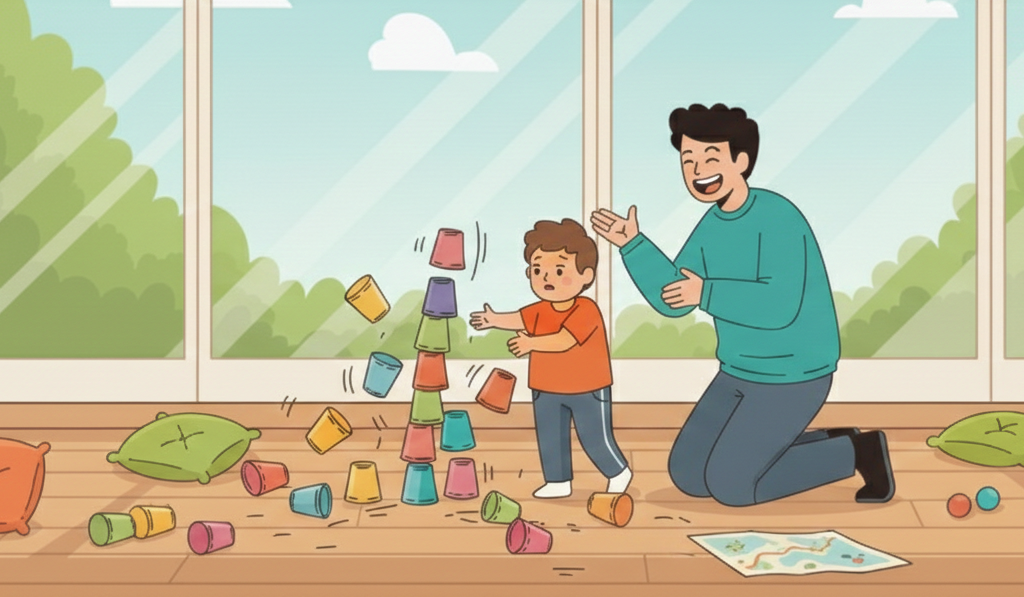 親子互動遊戲活動，透過創意挑戰培養孩子專注與解決問題能力｜一個穿著橘色襯衫的孩子推倒了一個色彩繽紛的杯子塔，一個成年人在一旁鼓掌，場景設定在一個有大窗戶的房間裡。