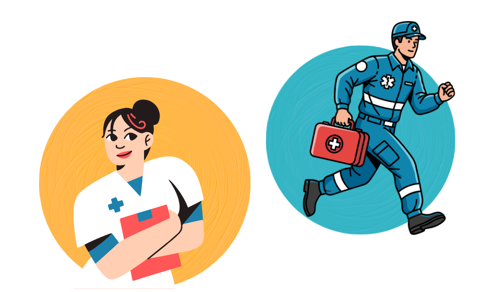 橙色背景上的一名醫護人員拿著寫字板，旁邊是藍色背景上一名扛著急救箱奔跑的醫護人員。