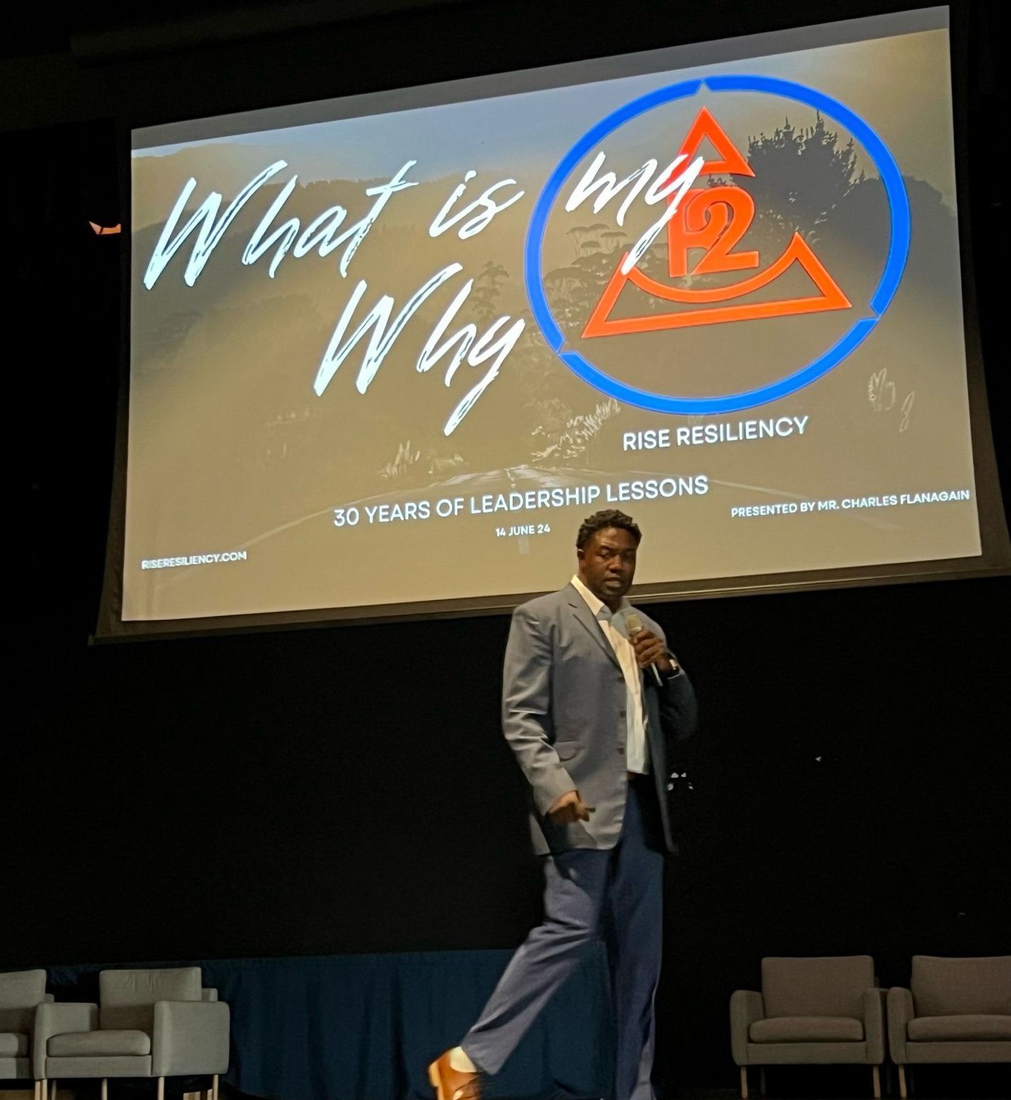 A man stands in front of a large screen that says what is my way
