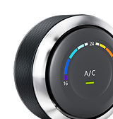 A circular digital car climate control knob with a black textured grip, metallic edge, and an A/C display - Gold River Automotive