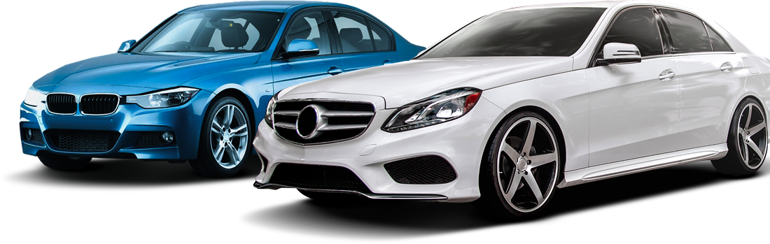 A blue BMW and a white Mercedes-Benz sedan parked side-by-side against a white background - Gold River Automotive
