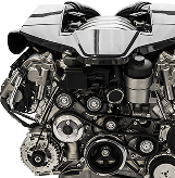 A clean, metallic V8 car engine showing pulleys, a drive belt, and chrome valve covers against a white background - Gold River Automotive