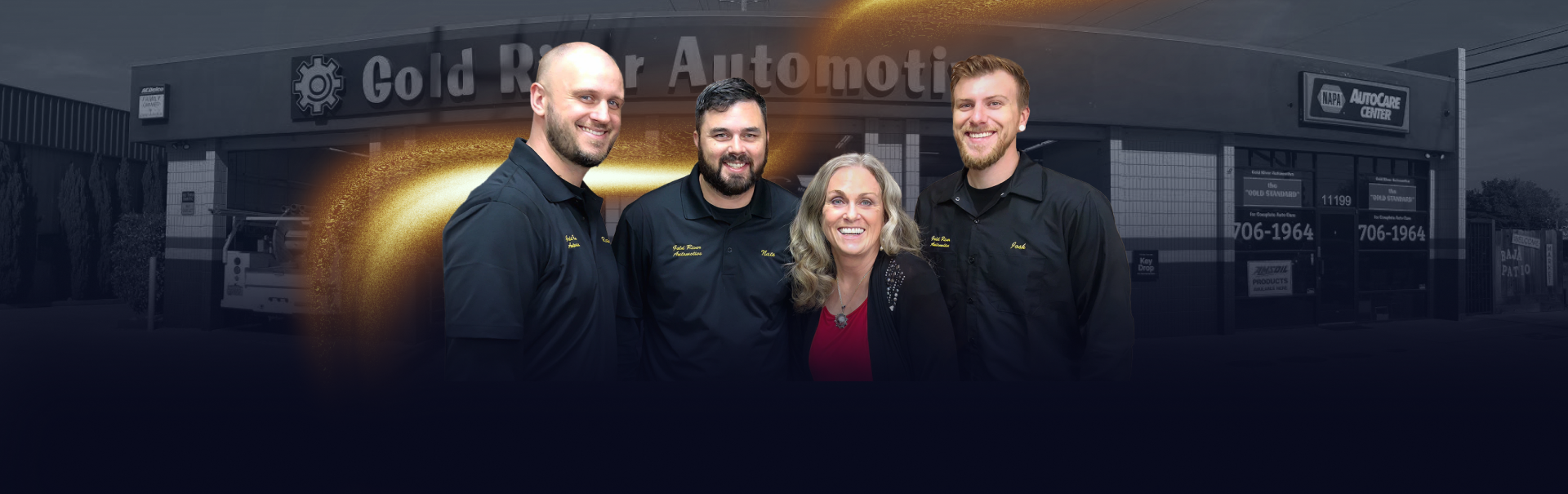 Four people smiling in front of the Gold River Automotive building with a golden light effect overlaying the background - Gold River Automotive
