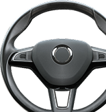 A modern black automotive steering wheel with silver accents and integrated control buttons on the spokes - Gold River Automotive