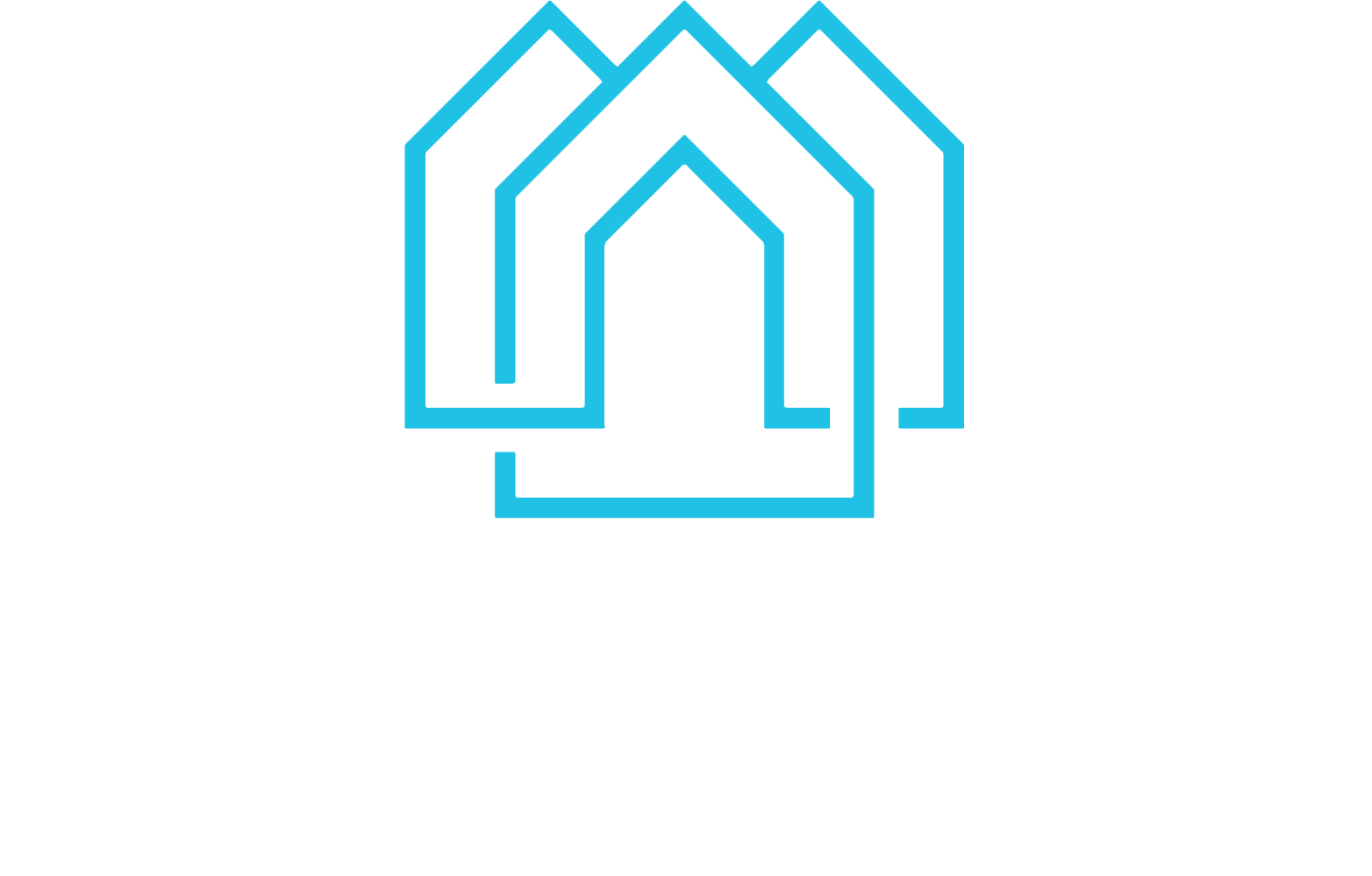 Logo for Crossings at Hazelwood: white geometric houses atop text on a blue background.