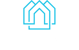 Logo for Crossings at Hazelwood: white geometric houses atop text on a blue background.