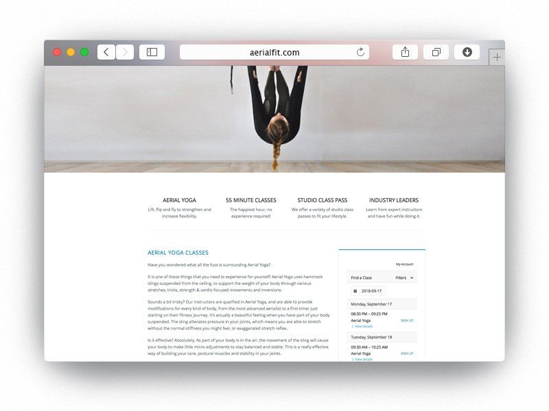 Aerial Fit website page with Mindbody branded app