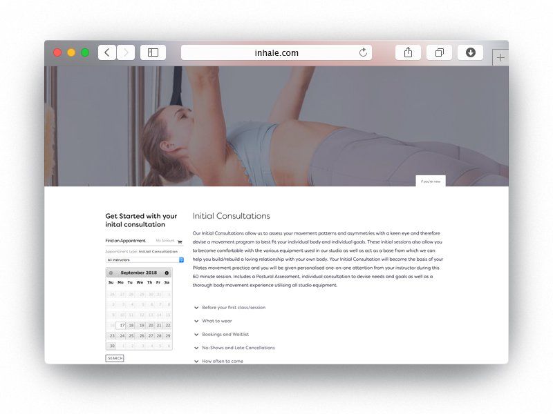 Inhale Pilates website page with Mindbody branded app